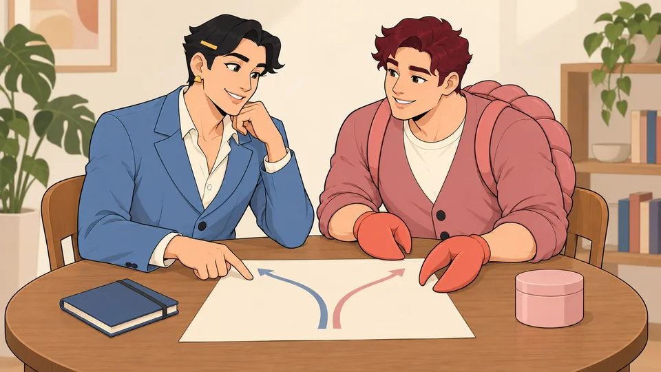 Miles and Cole consider two routes on a shared sheet at a table, with a blue notebook and a pink container.