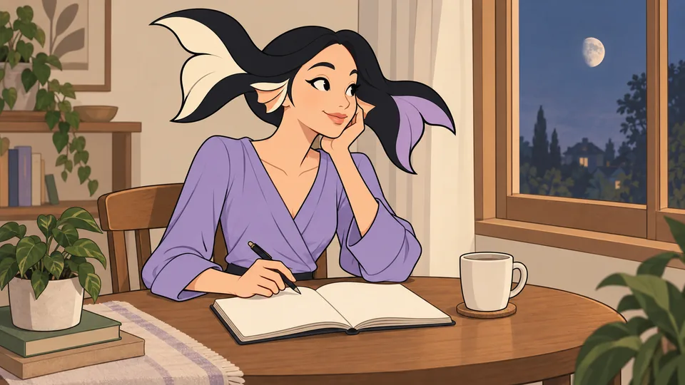 Pia pauses beside a window with an open blank journal, a pen and a plain cup on the table.