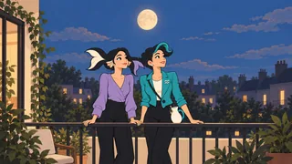 Pia and Aqua pause together on a balcony beneath a single Moon over a quiet neighborhood.