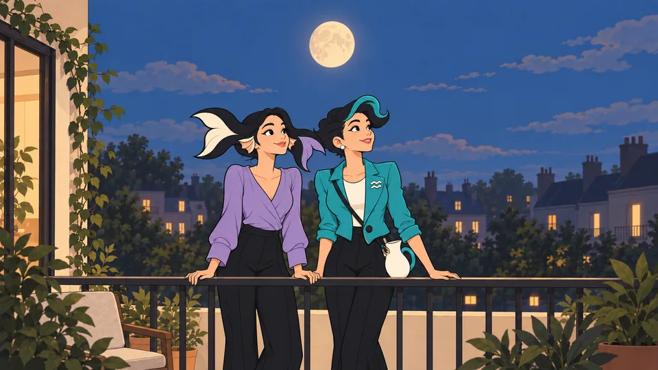 Pia and Aqua pause together on a balcony beneath a single Moon over a quiet neighborhood.