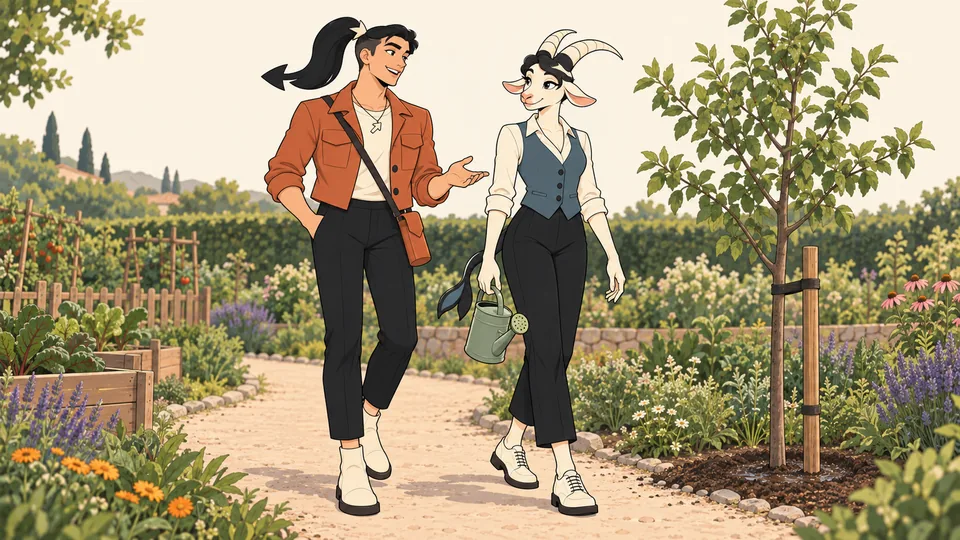 Sage and Capri walk along a garden path beside a supported young tree, with Capri carrying a watering can.