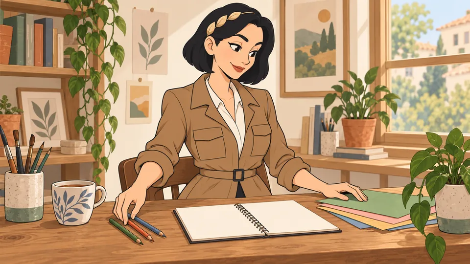 Vera arranges three colored pencils, blank sketchbook pages and colored paper at a sunny studio table.