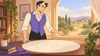 Gem studies an unlabelled circular map beside a sunlit window overlooking a winding path.